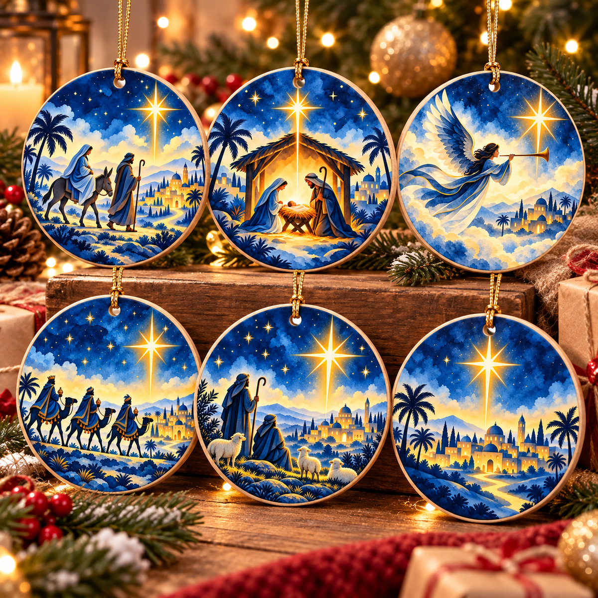 O Holy Night Nativity Journey Wooden Christmas Ornaments – Set of 6