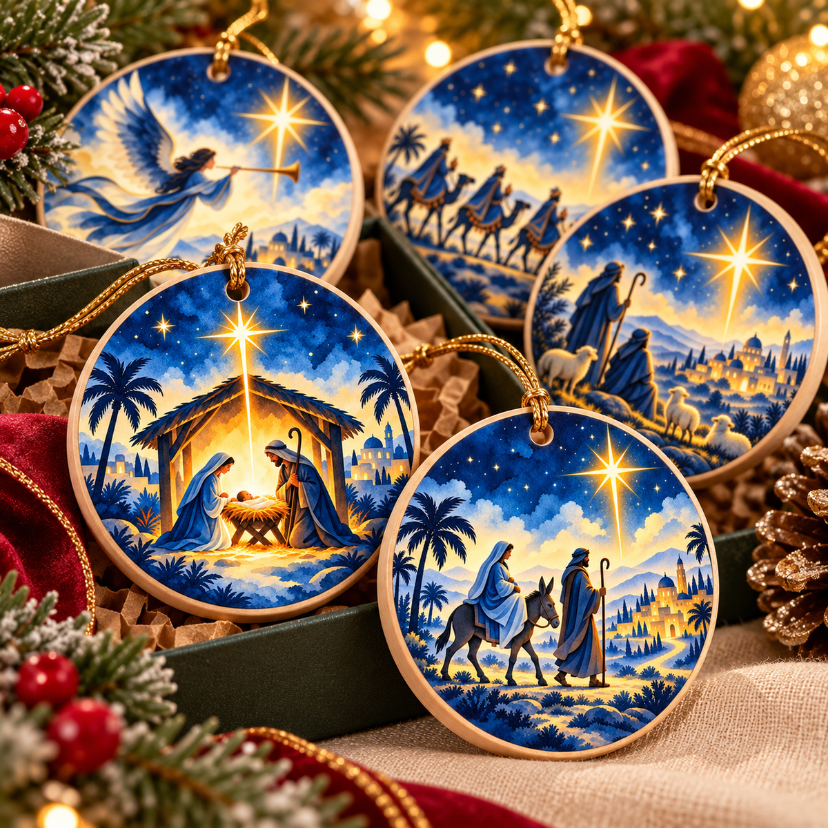 O Holy Night Nativity Journey Wooden Christmas Ornaments – Set of 6
