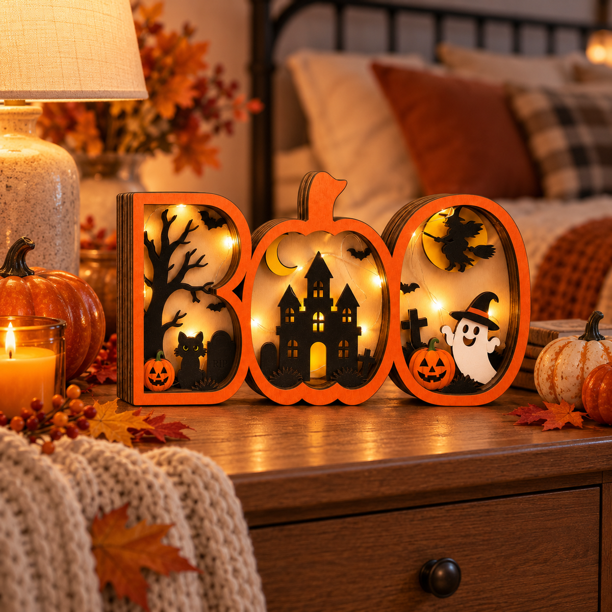 BOO Pumpkin Haunted House Lighted Halloween Decor