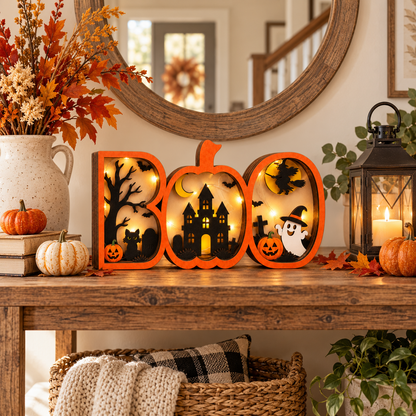 BOO Pumpkin Haunted House Lighted Halloween Decor