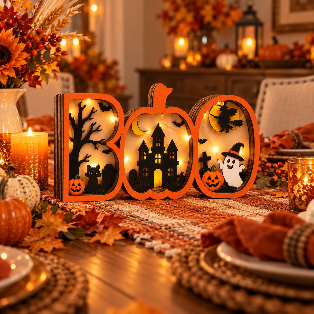 BOO Pumpkin Haunted House Lighted Halloween Decor