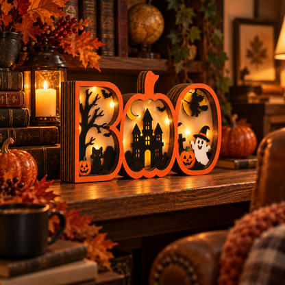 BOO Pumpkin Haunted House Lighted Halloween Decor