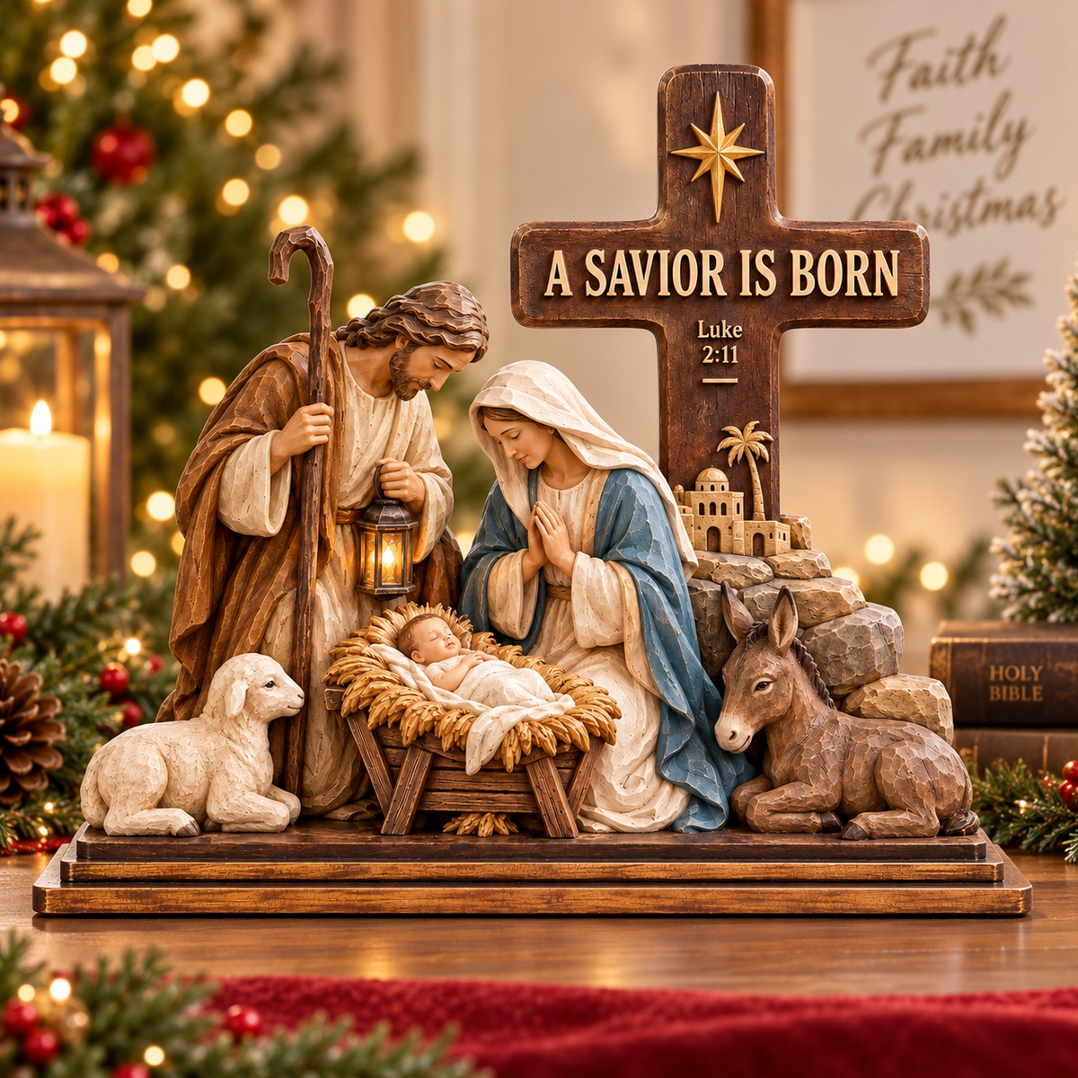 A Savior Is Born Nativity Scene with Cross – Holy Family Christmas Tabletop Decoration