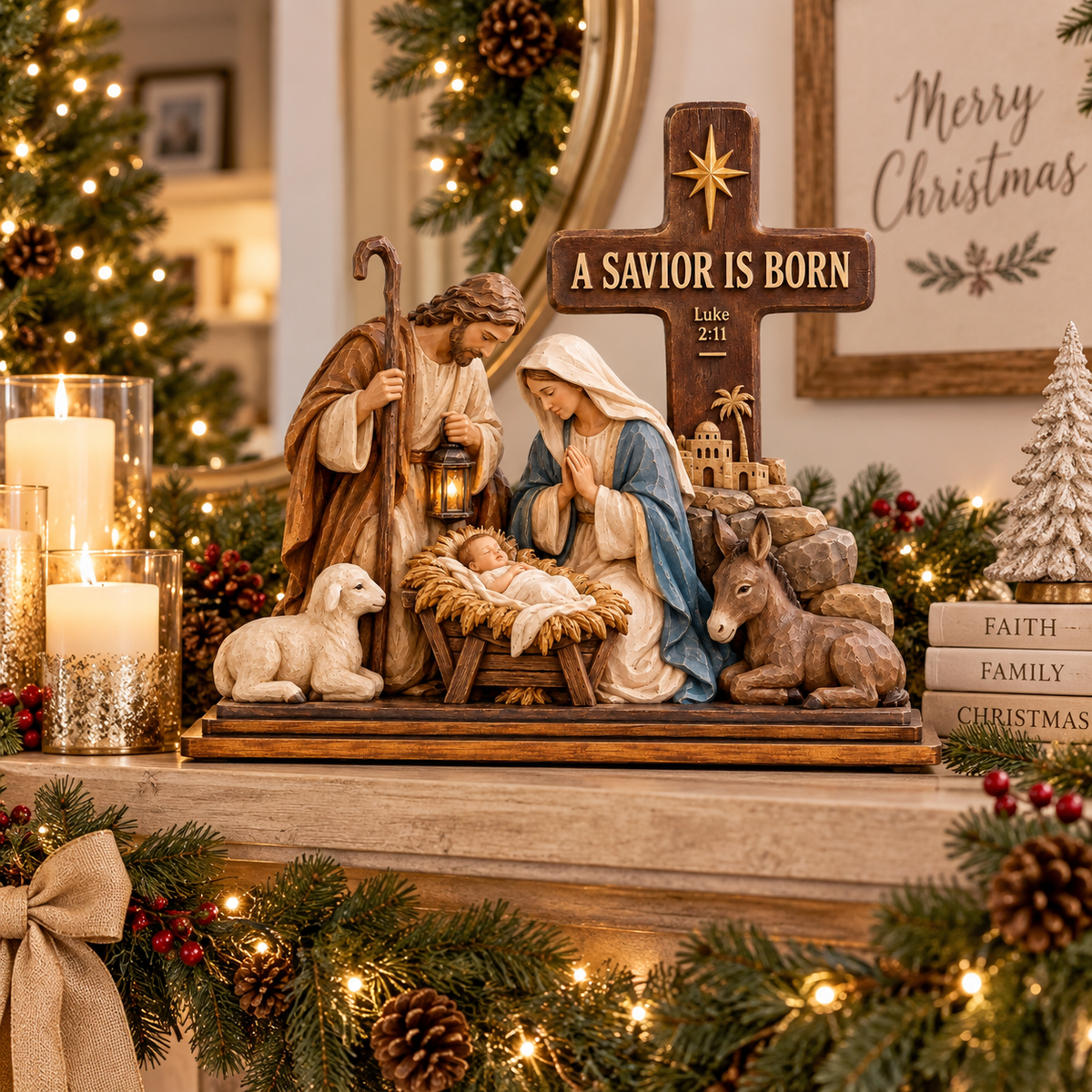A Savior Is Born Nativity Scene with Cross – Holy Family Christmas Tabletop Decoration