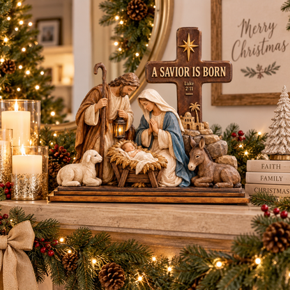 A Savior Is Born Nativity Scene with Cross – Holy Family Christmas Tabletop Decoration