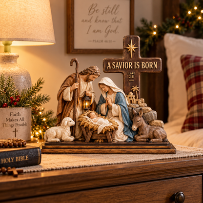 A Savior Is Born Nativity Scene with Cross – Holy Family Christmas Tabletop Decoration