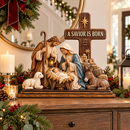 A Savior Is Born Nativity Scene with Cross – Holy Family Christmas Tabletop Decoration