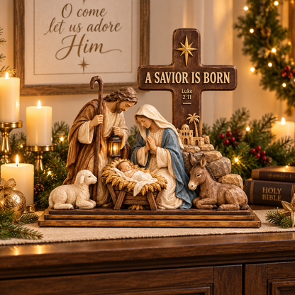 A Savior Is Born Nativity Scene with Cross – Holy Family Christmas Tabletop Decoration
