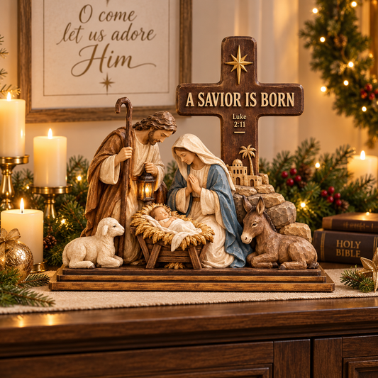 A Savior Is Born Nativity Scene with Cross – Holy Family Christmas Tabletop Decoration
