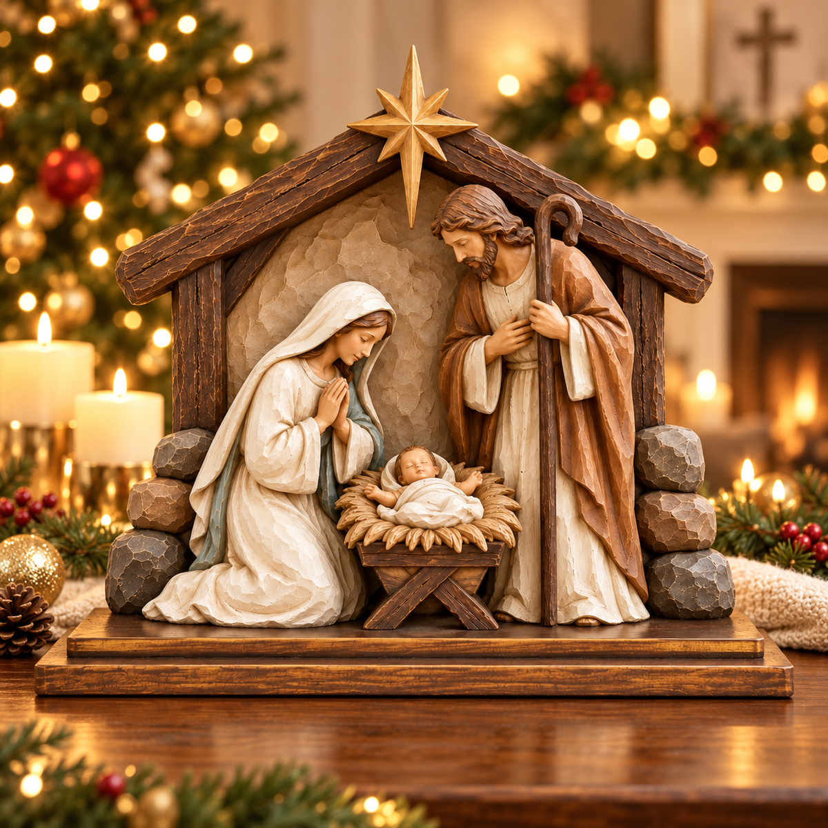 Holy Family Nativity Scene with Rustic Stable – Baby Jesus Christmas Tabletop Decoration