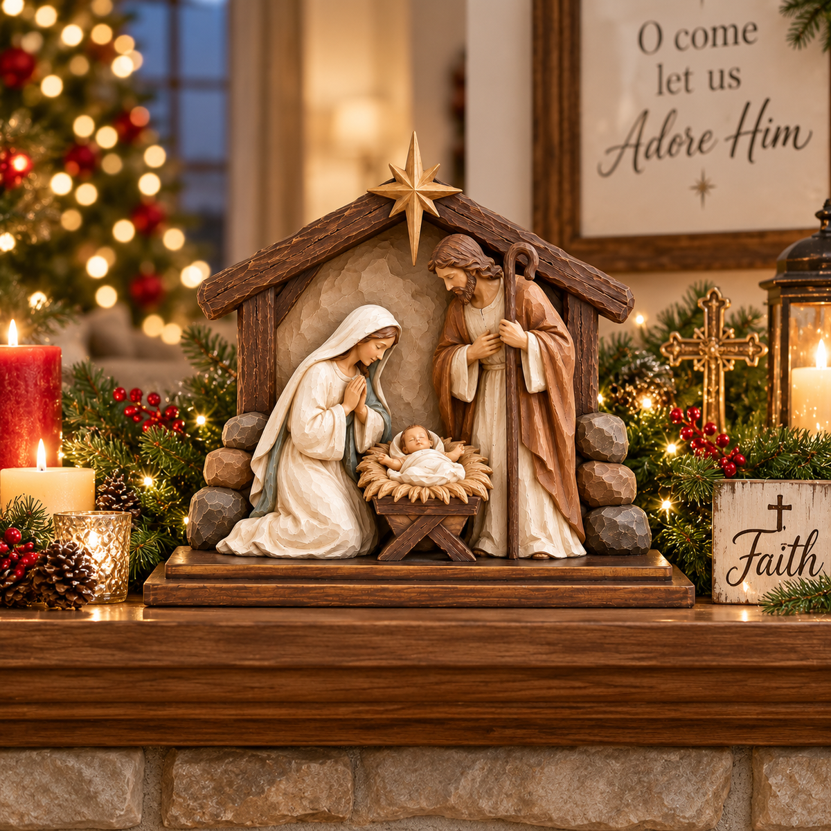 Holy Family Nativity Scene with Rustic Stable – Baby Jesus Christmas Tabletop Decoration