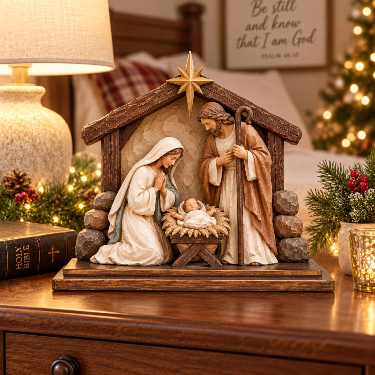 Holy Family Nativity Scene with Rustic Stable – Baby Jesus Christmas Tabletop Decoration