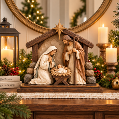 Holy Family Nativity Scene with Rustic Stable – Baby Jesus Christmas Tabletop Decoration