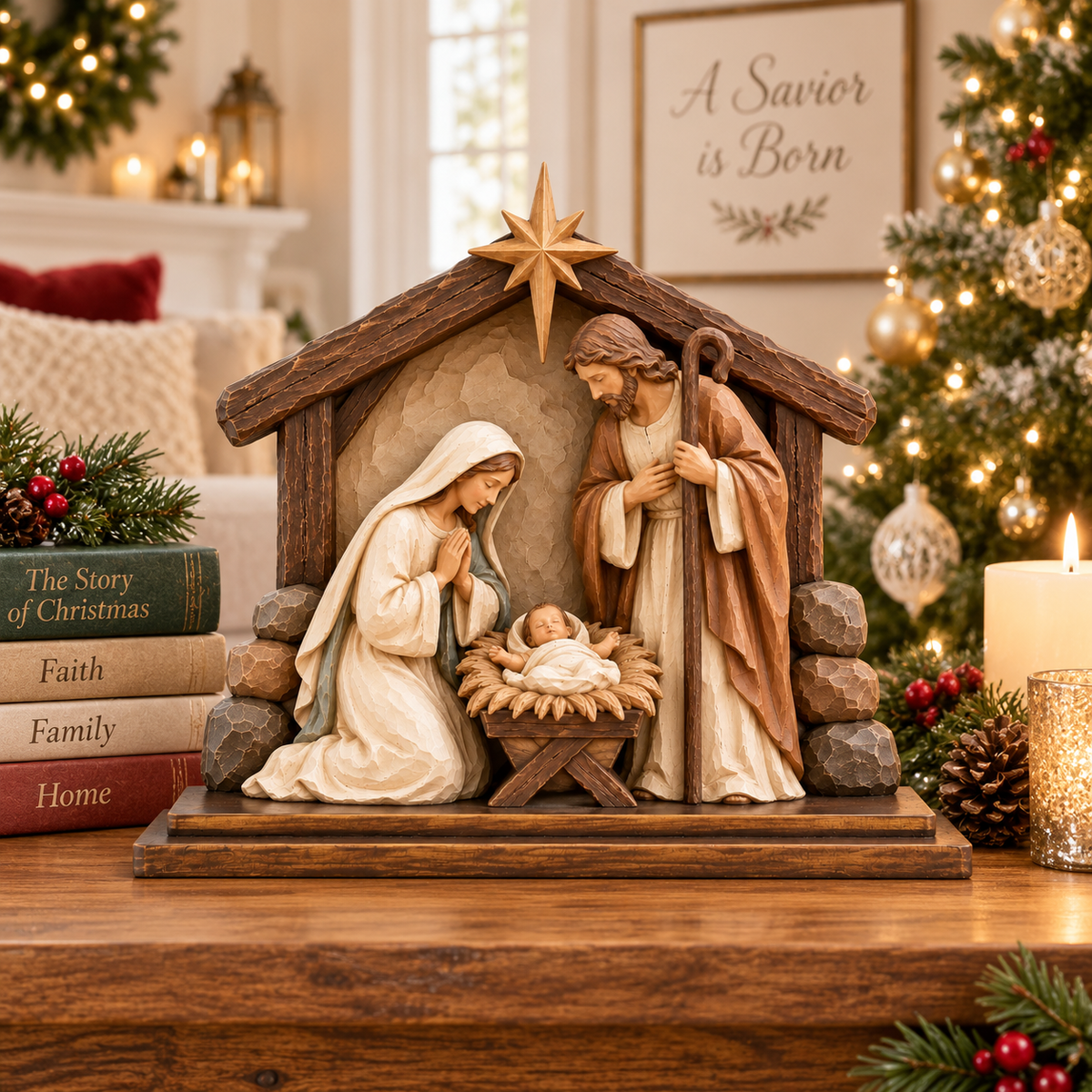 Holy Family Nativity Scene with Rustic Stable – Baby Jesus Christmas Tabletop Decoration