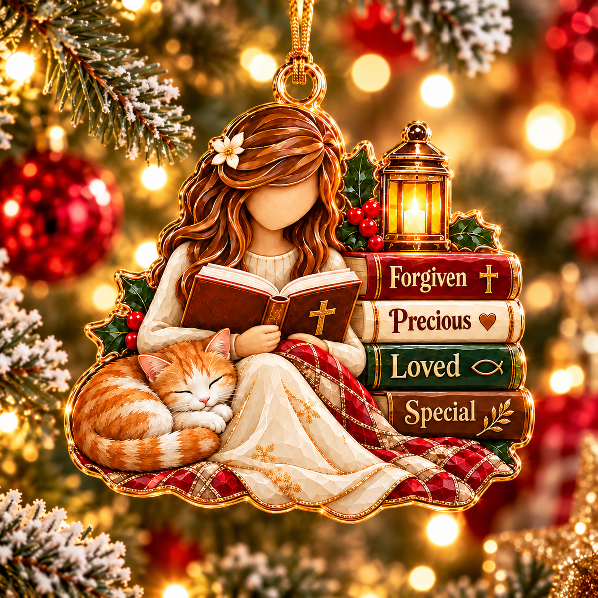 Christian Cat Lover Christmas Ornament – Faith & Cozy Reading Gift